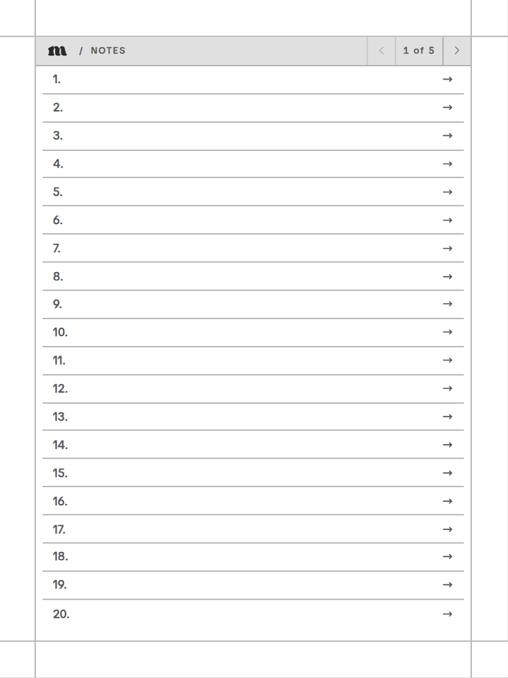 Notes index with numbered entries