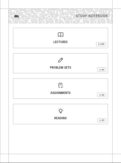 Contents page of the Study notebook setup