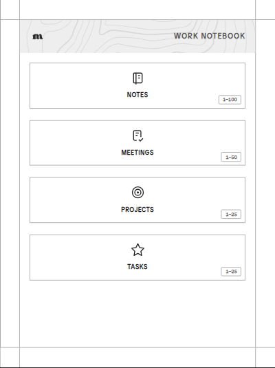 Contents page of the Work notebook setup