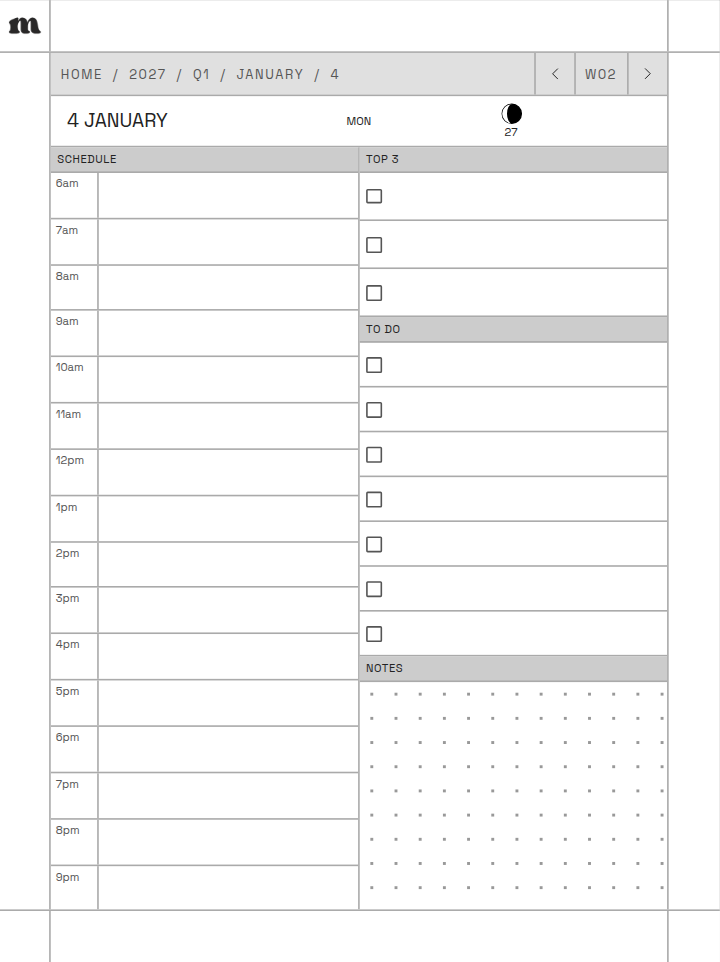 A daily page with an hourly schedule and to-do list