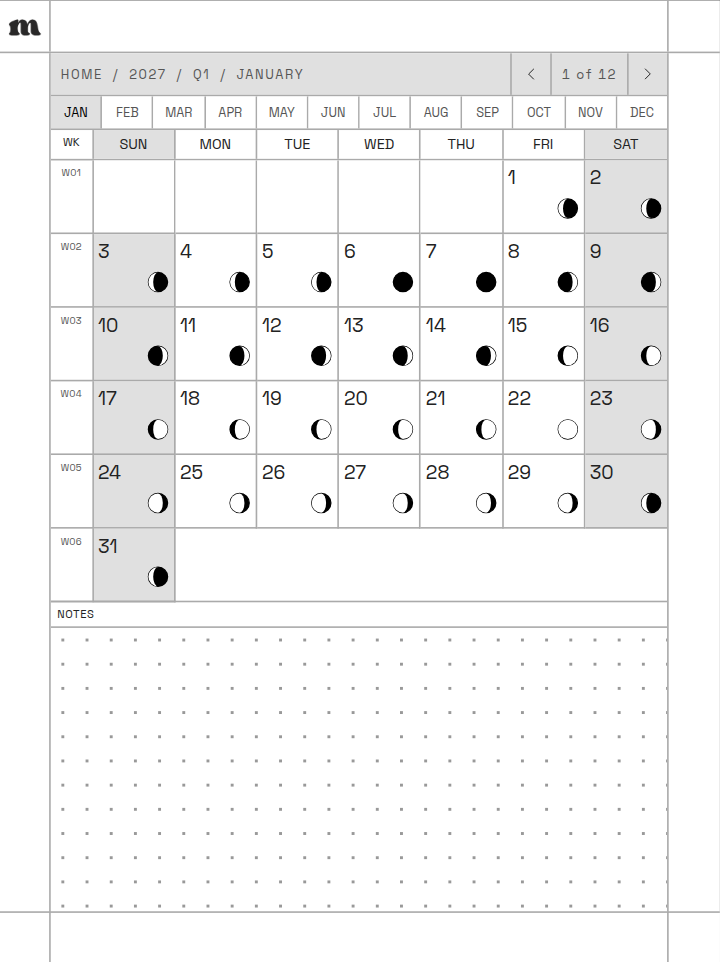 A monthly calendar page with week numbers