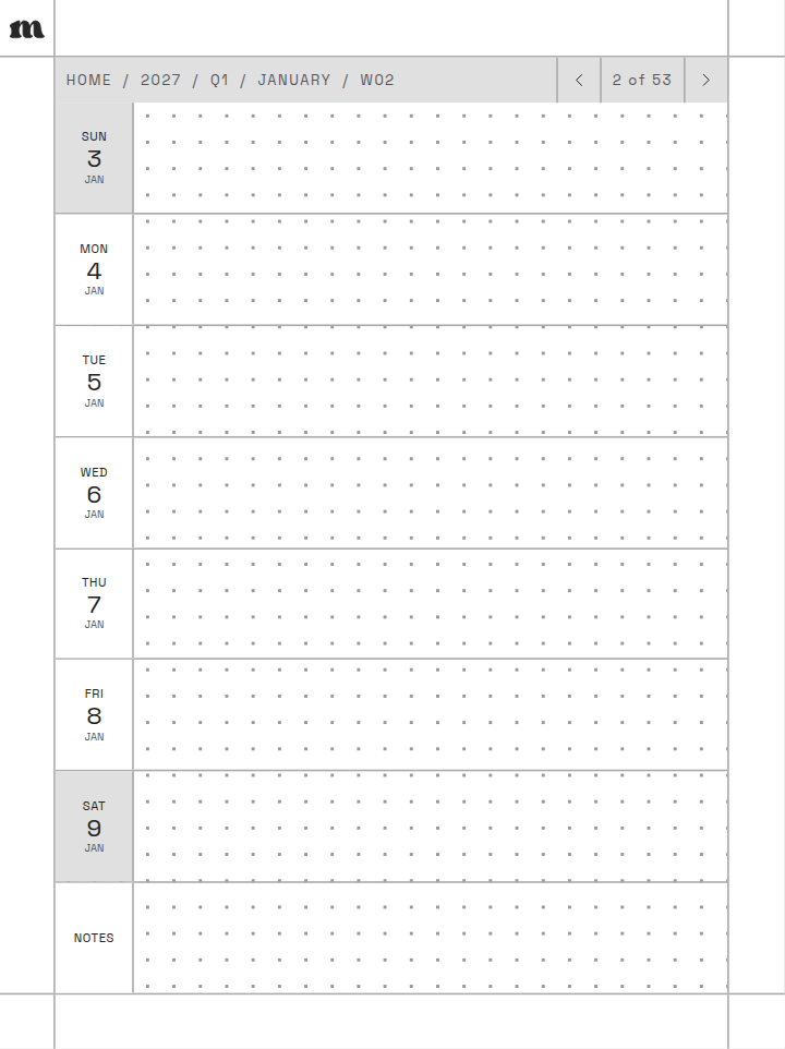 Weekly page with a row for each day