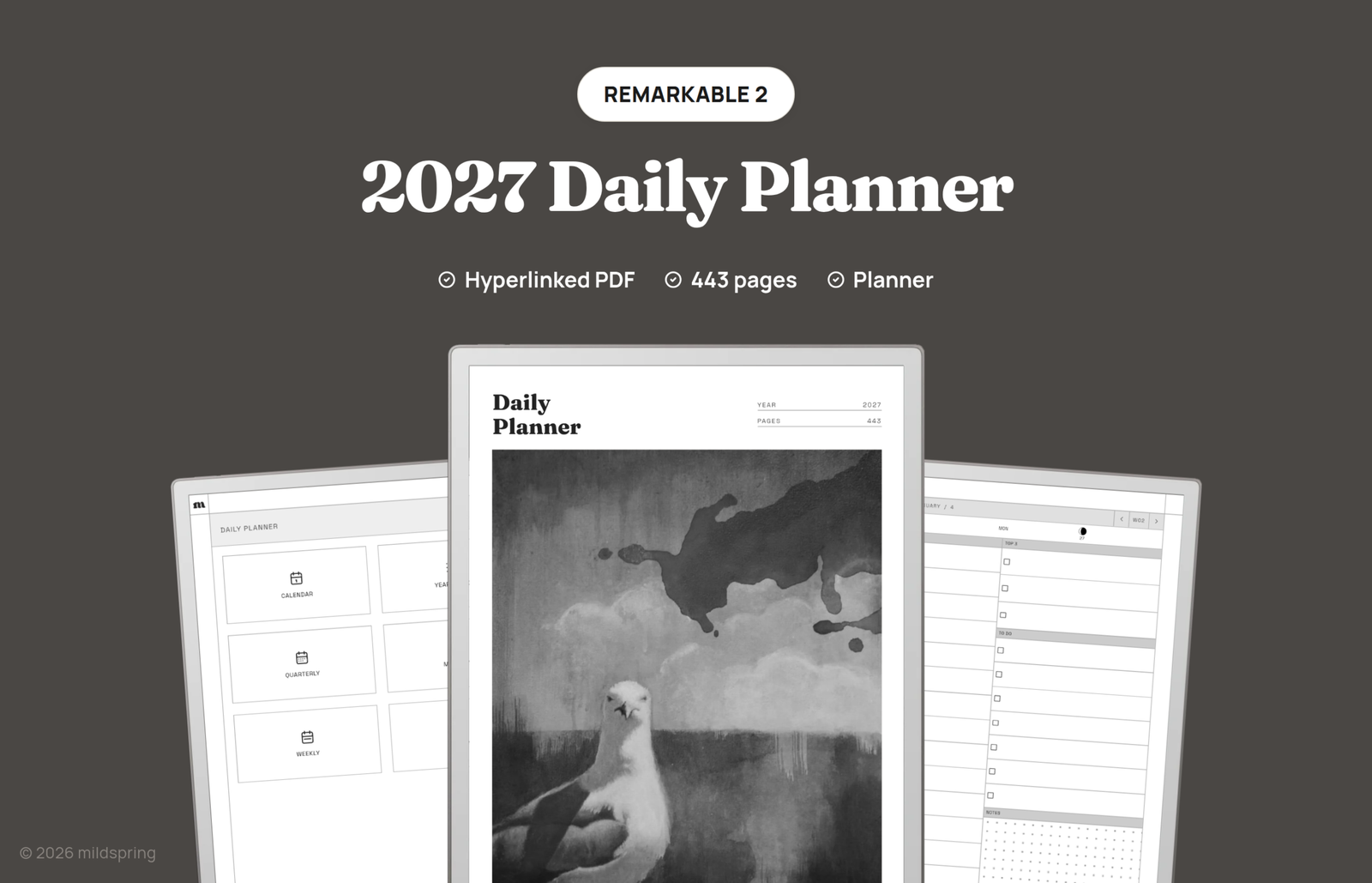 2027 Daily Planner for reMarkable shown on three tablet screens