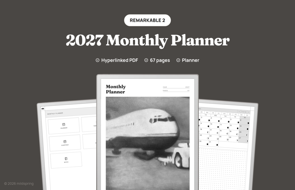 2027 Monthly Planner for reMarkable on Hyperlinked PDF Templates for reMarkable