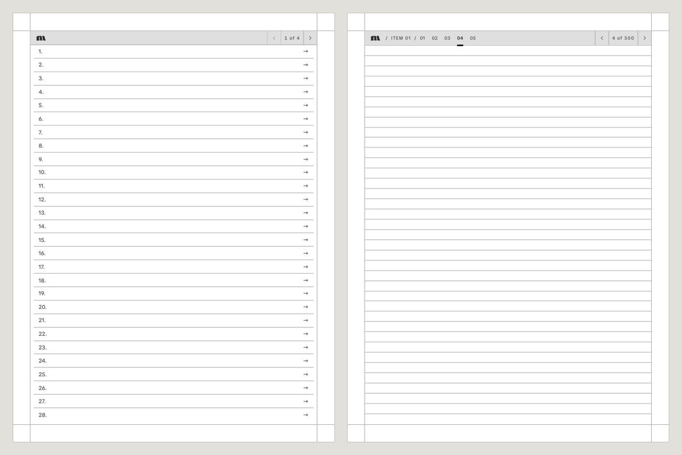 The links in my PDF don't work 1 A notebook index page with tappable entries next to a notes page with a breadcrumb and page numbers at the top