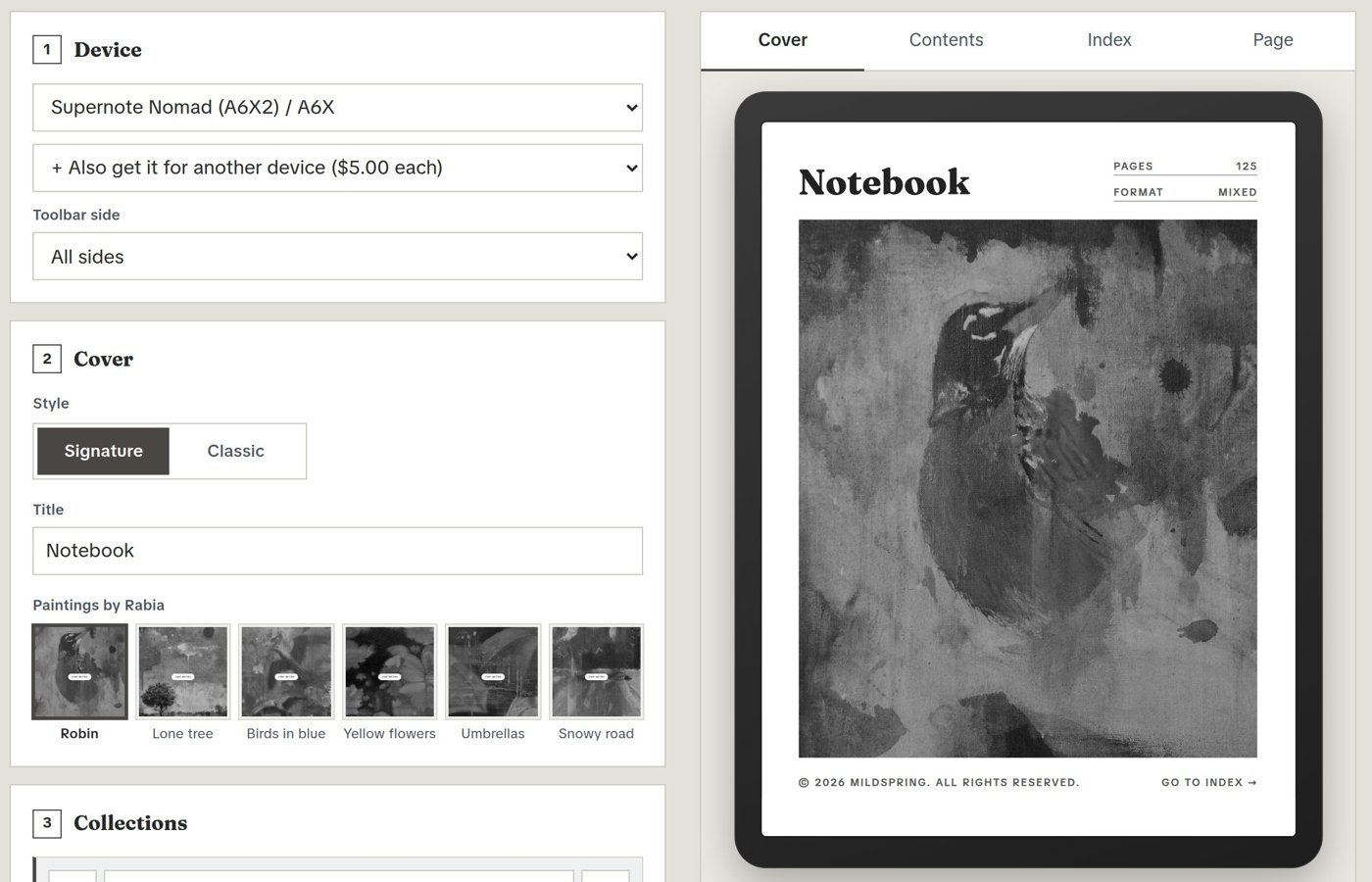 Using the custom notebook and planner builders 1 The custom notebook builder with device, cover options and a live preview of the cover
