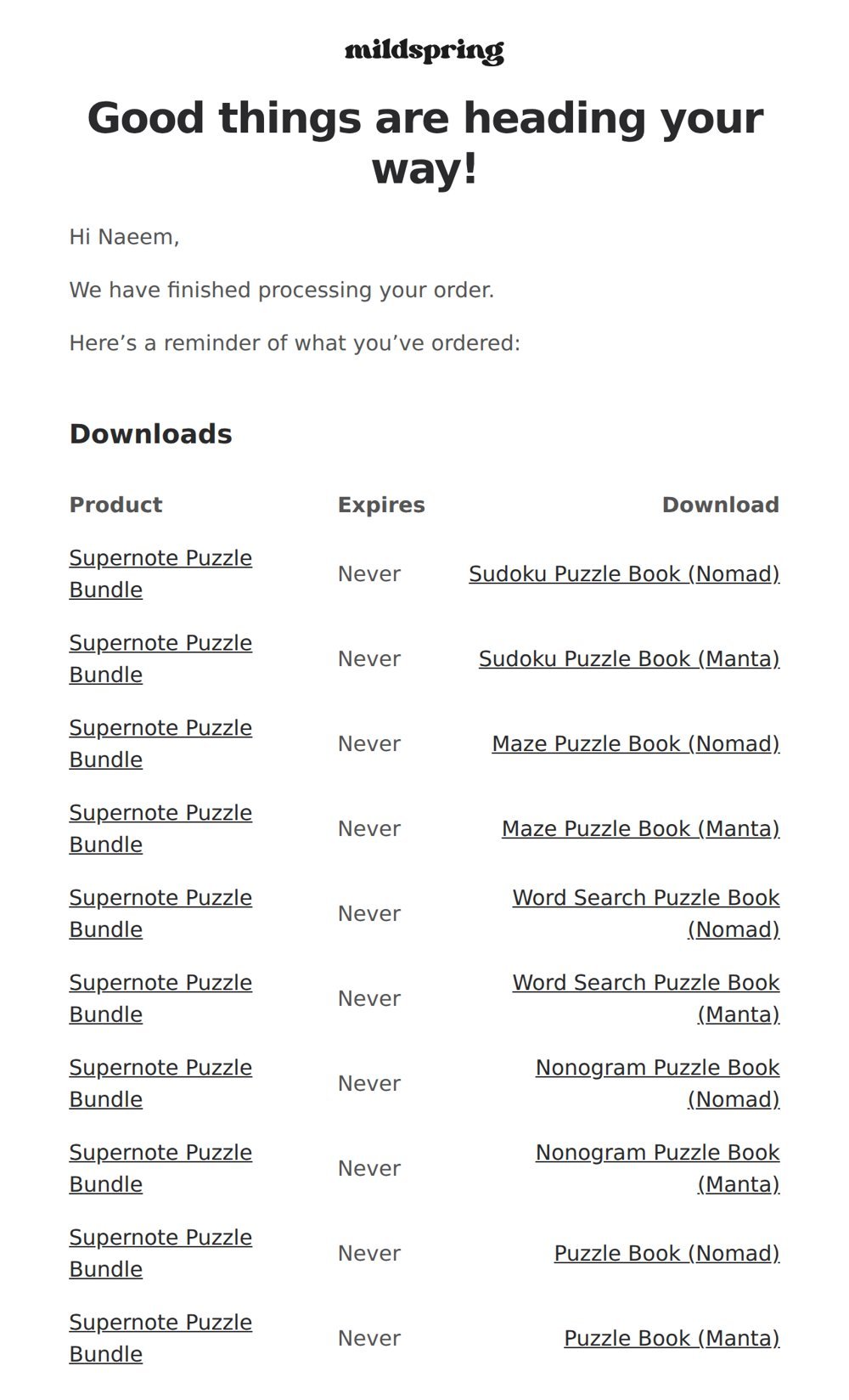 Where to find your download 2 mildspring order email with a Downloads section listing a link for each PDF