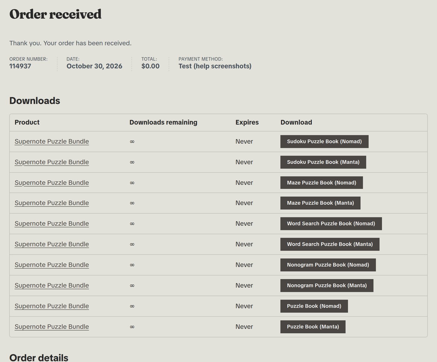 Where to find your download 1 Order received page with the Downloads table and a download button for each PDF