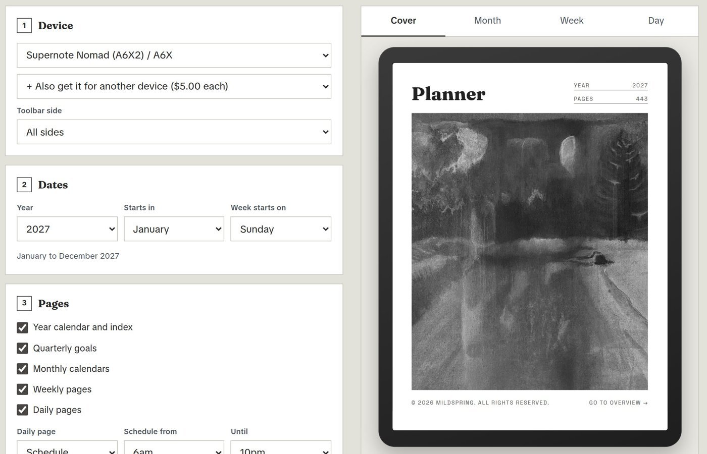 Using the custom notebook and planner builders 2 The custom planner builder with device, dates and pages options and a live preview of the cover