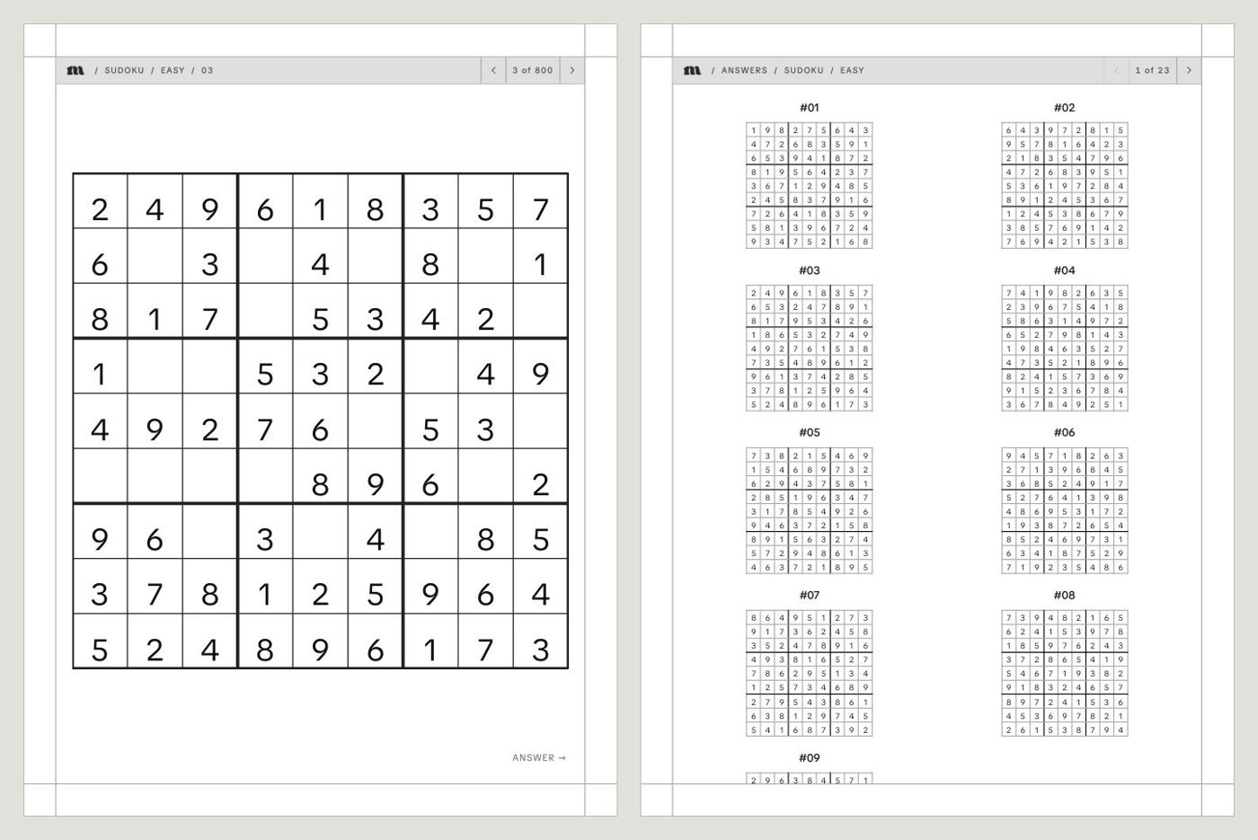 How our puzzle books work 2 A sudoku puzzle page with its Answer link, next to the answers page for the Easy level