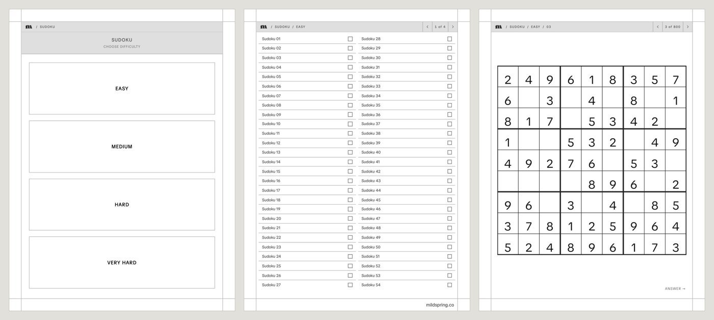 How our puzzle books work 1 Sudoku Choose difficulty page, the Easy level list with tick boxes, and a sudoku puzzle page
