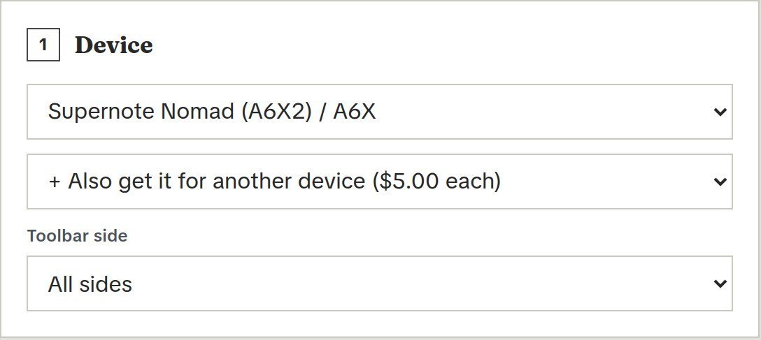 The toolbar covers part of the page 1 Custom notebook builder, Device step, with the Toolbar side setting set to All sides