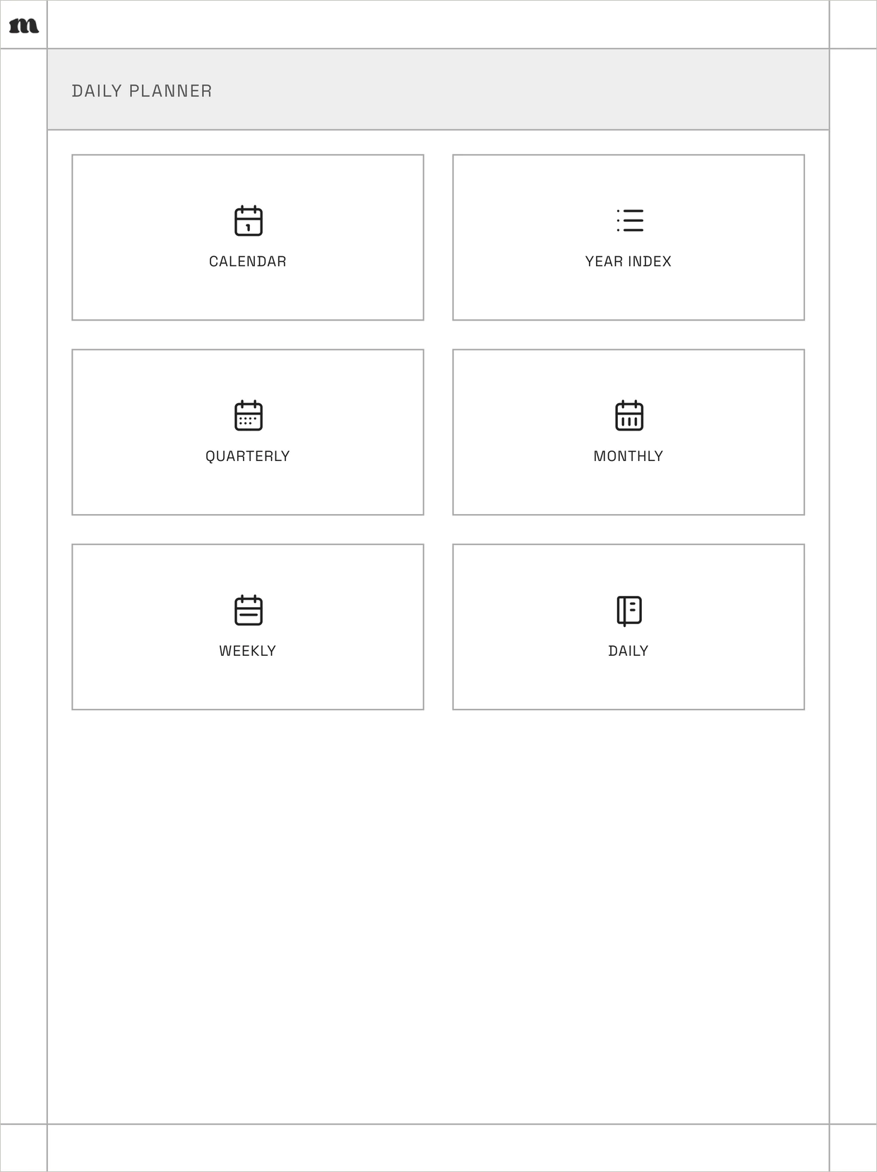 Contents page of a hyperlinked reMarkable planner with links to calendar, year index, quarterly, monthly, weekly and daily sections