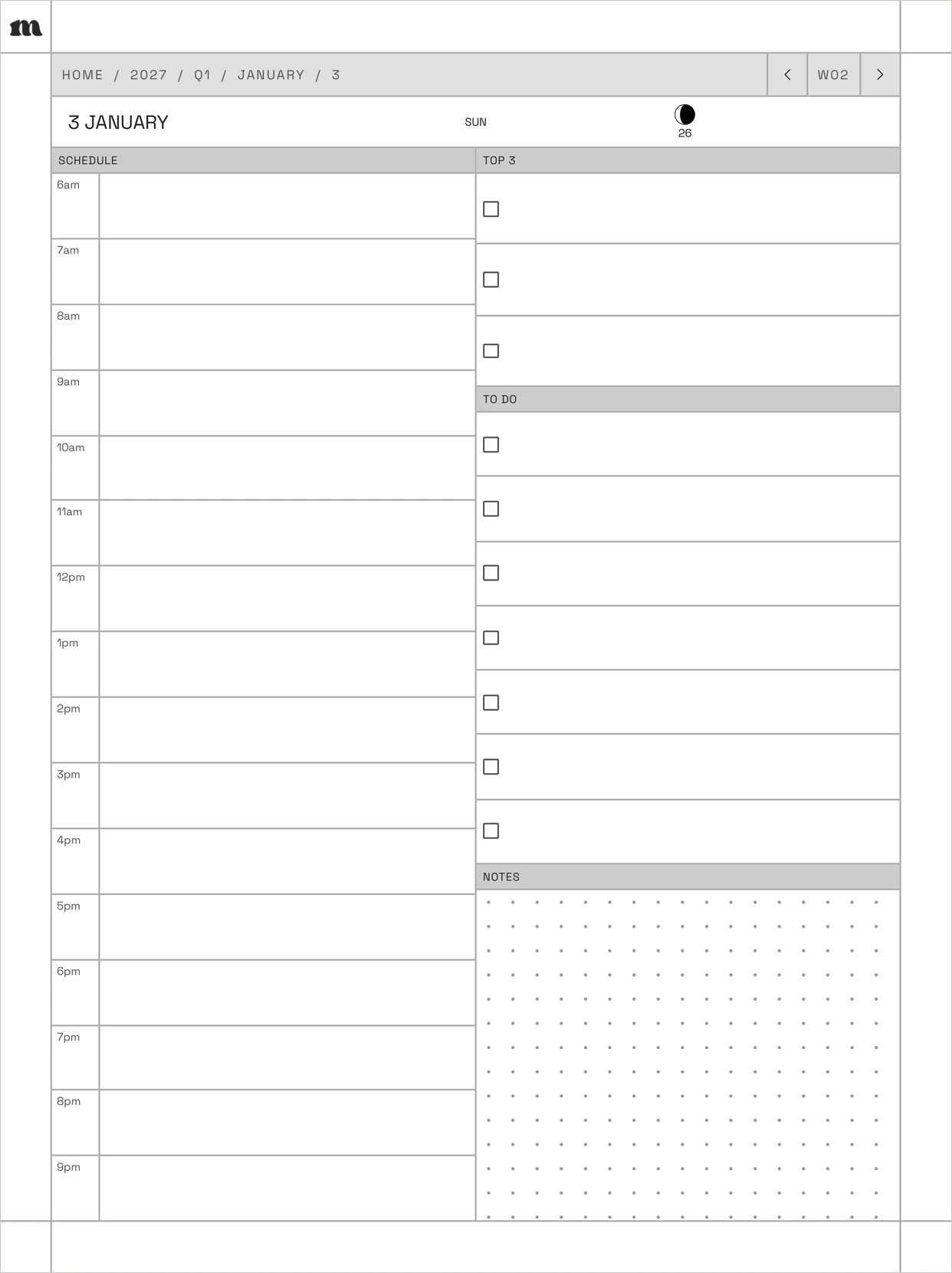 Day page with schedule, top 3, to do list, notes and a linked breadcrumb bar