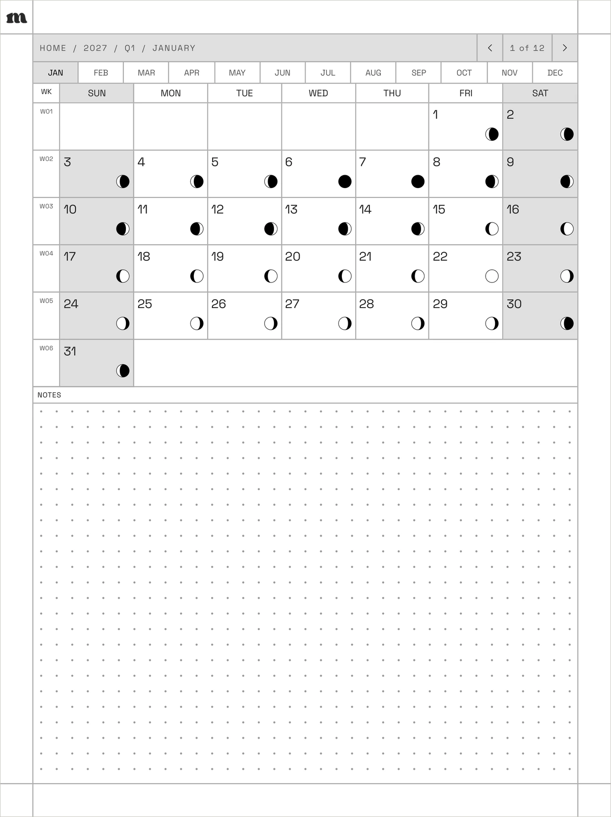 January month page with month tabs across the top and linked dates