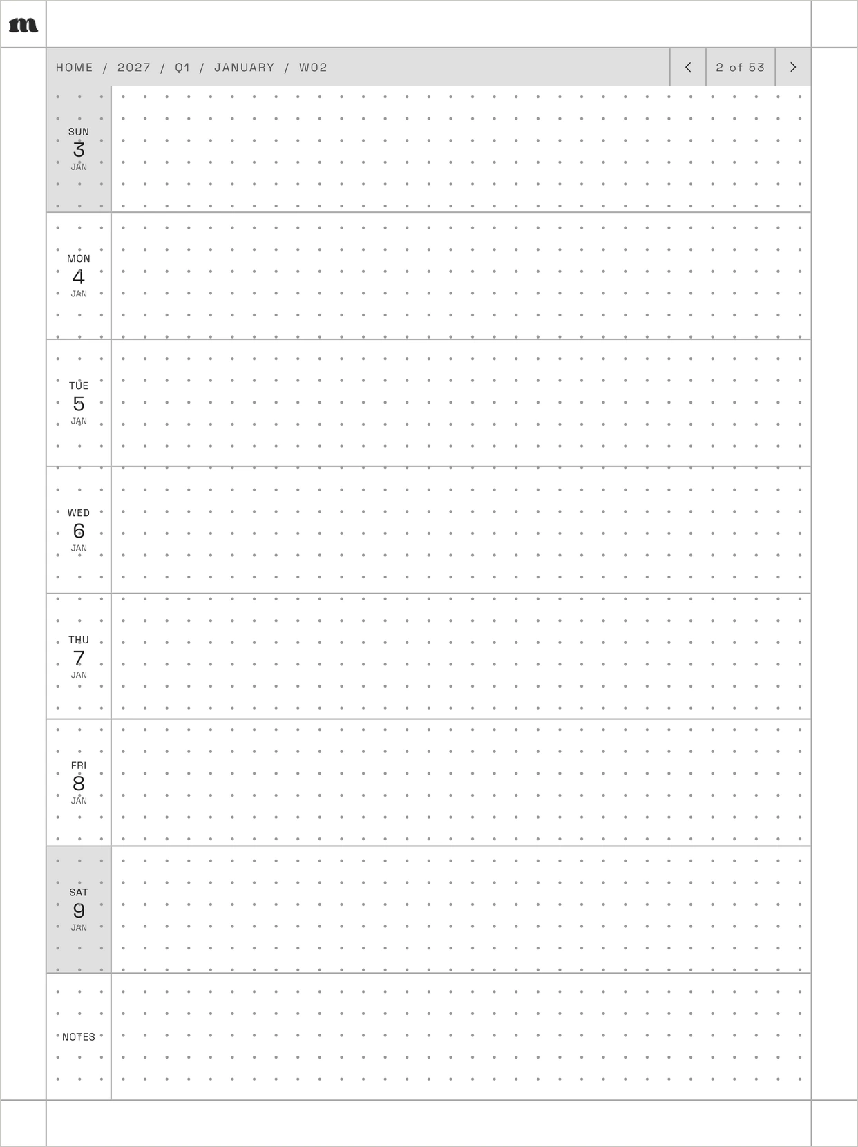 Week page with seven linked day labels and dot grid writing space