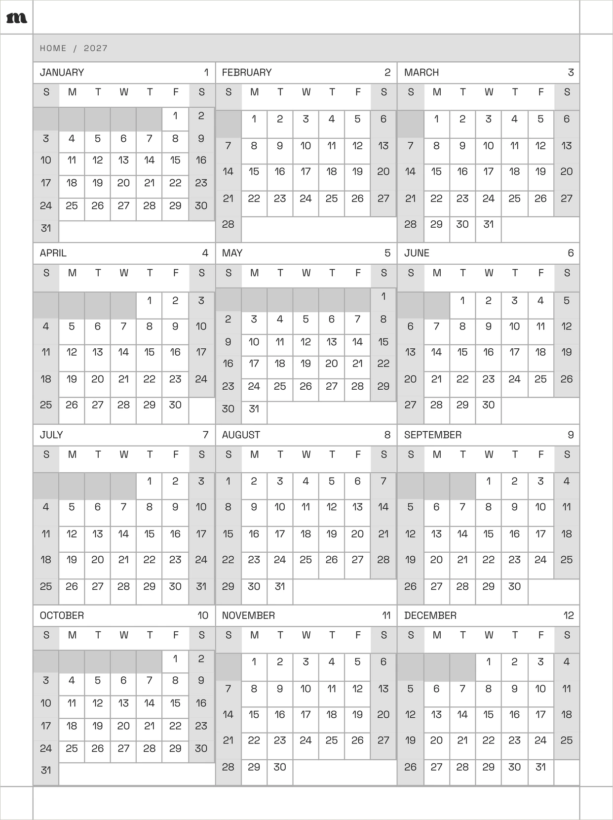2027 year calendar page where every month and date is a link