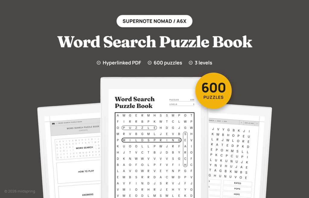 Word Search Puzzle Book for Supernote on Hyperlinked PDF Templates for Supernote